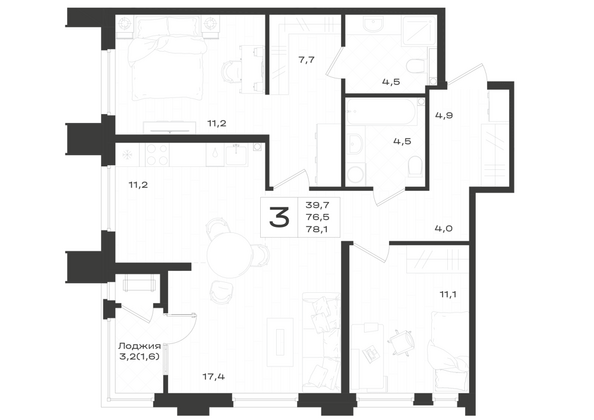 Планировка 3-комн 78,1 м²