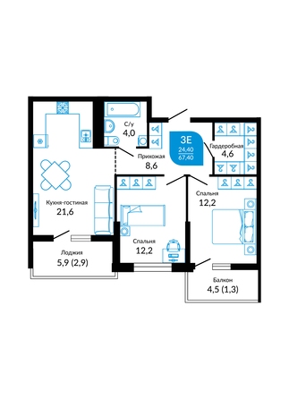Планировка 2-комн 67,4 м²