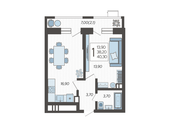 Планировка 1-комн 40,3 м²