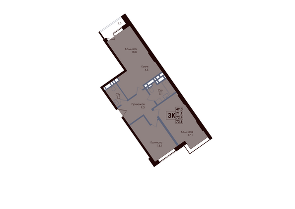 Планировка 3-комн 72,4 м²