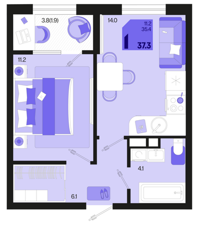 Планировка 1-комн 37,3 м²