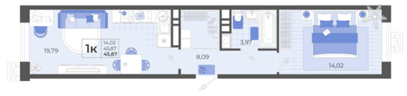 Планировка 1-комн 45,87 м²