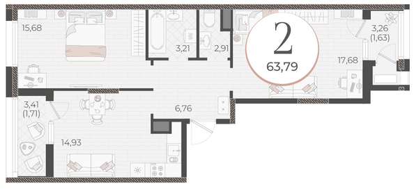 Планировка 2-комн 63,79 м²