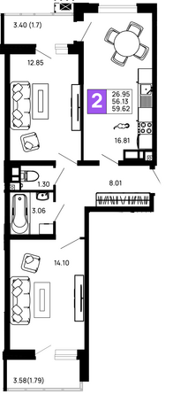 Планировка 2-комн 59,62 м²