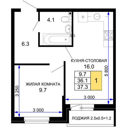 Планировка 1-комн 37,3 м²