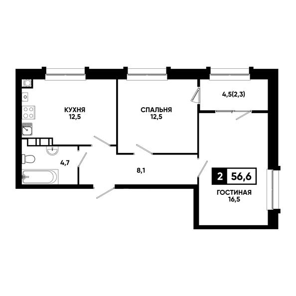 Планировка 2-комн 56,6, 56,9 м²