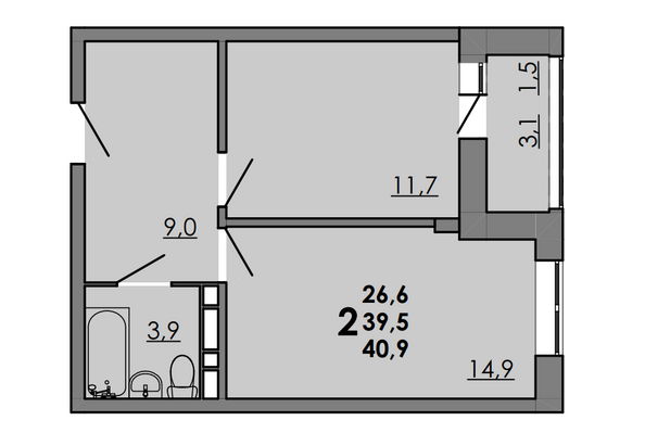 Планировка 2-комн 40,9 м²