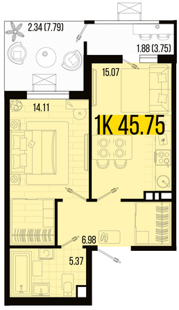 Планировка 1-комн 45,75 м²