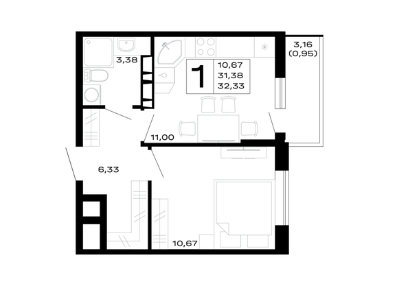 Планировка 1-комн 32,33 м²