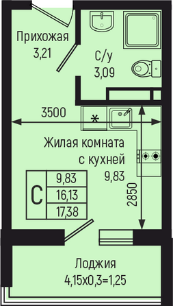 Планировка Студия 17,38 м²