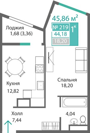 Планировка 1-комн 44,18 м²