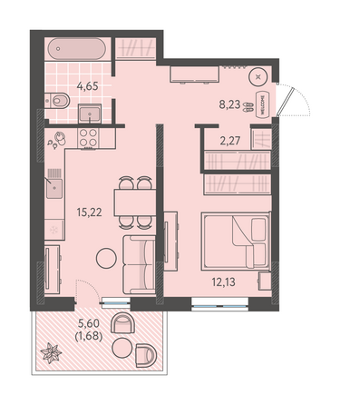 Планировка 1-комн 44,18 м²
