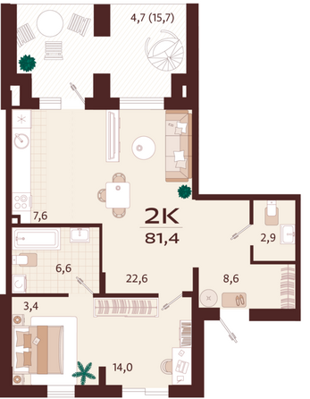 Планировка 2-комн 81,4 м²