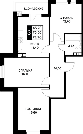 Планировка 3-комн 77,7, 78 м²