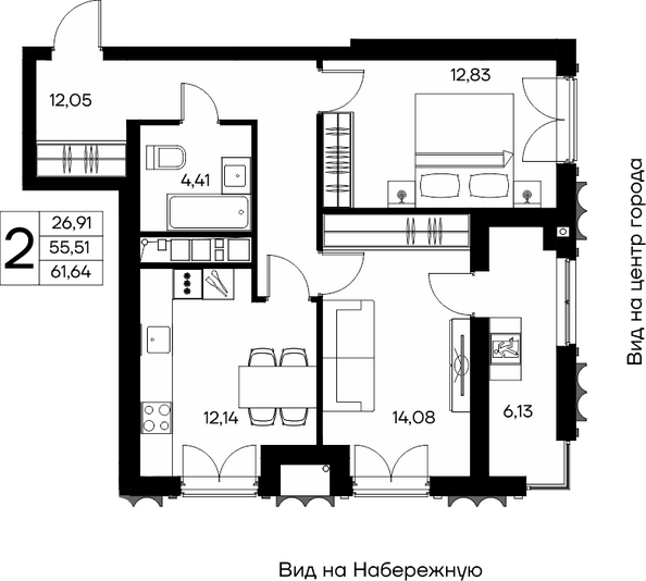 Планировка 2-комн 61,62 - 64,88 м²