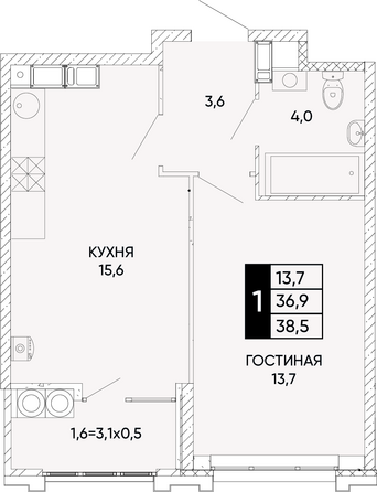 Планировка 1-комн 38,5 - 38,9 м²