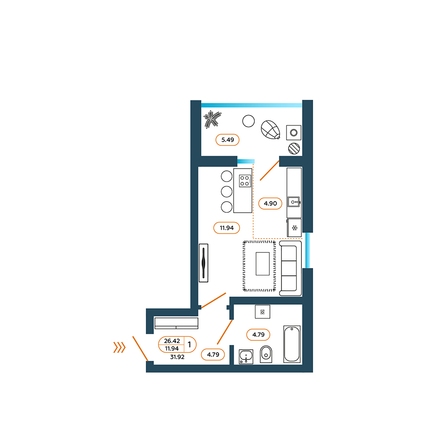 Планировка Студия 31,92 м²