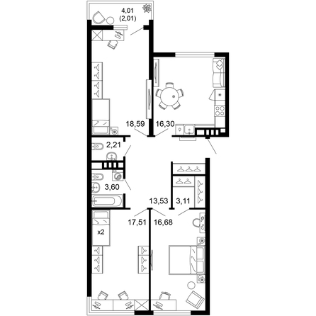 Планировка 3-комн 93,54 м²