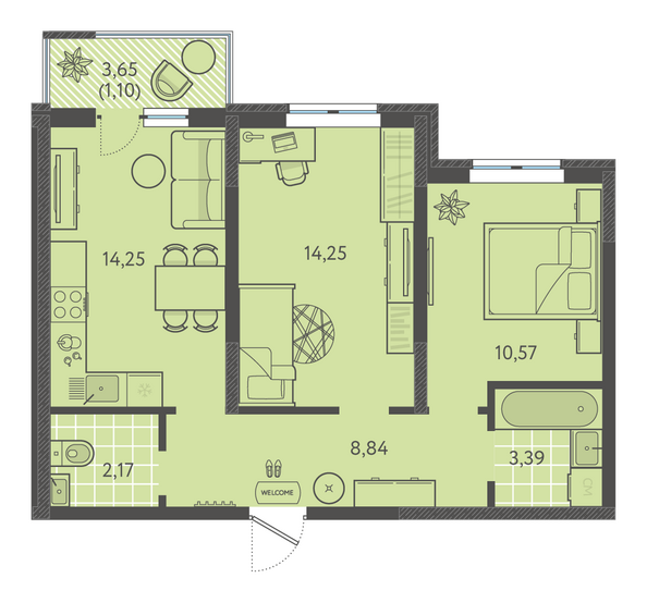Планировка 2-комн 54,41 - 55,81 м²