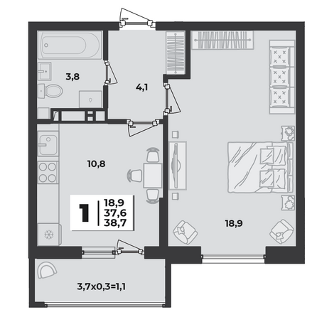 Планировка 1-комн 38,7 м²