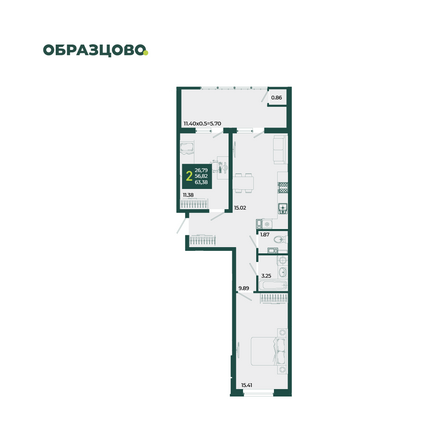 Планировка 2-комн 63,38 м²