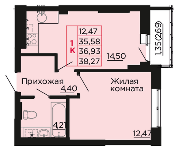 Планировка 1-комн 36,93 м²