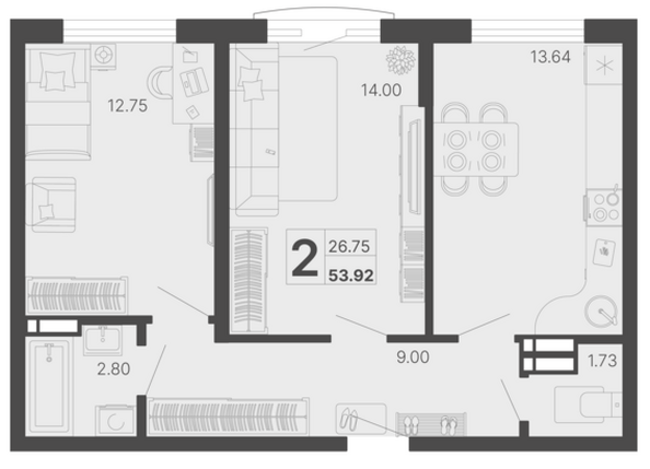 Планировка 2-комн 53,92 м²
