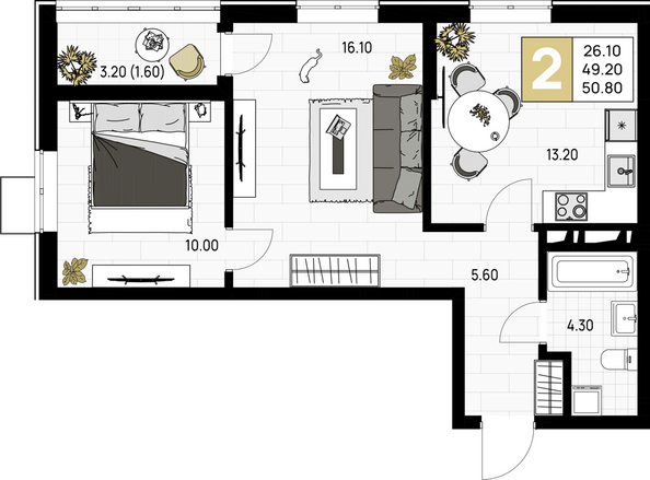 Планировка 2-комн 50,8 м²