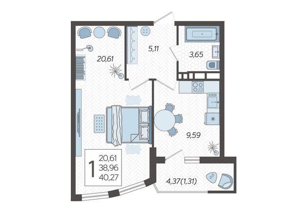Планировка 1-комн 40,27 м²