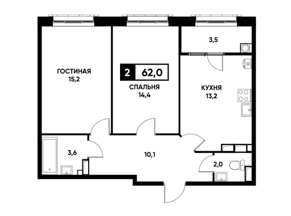 Планировка 2-комн 62 м²