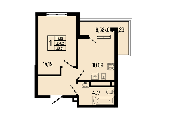 Планировка 1-комн 38,31 м²