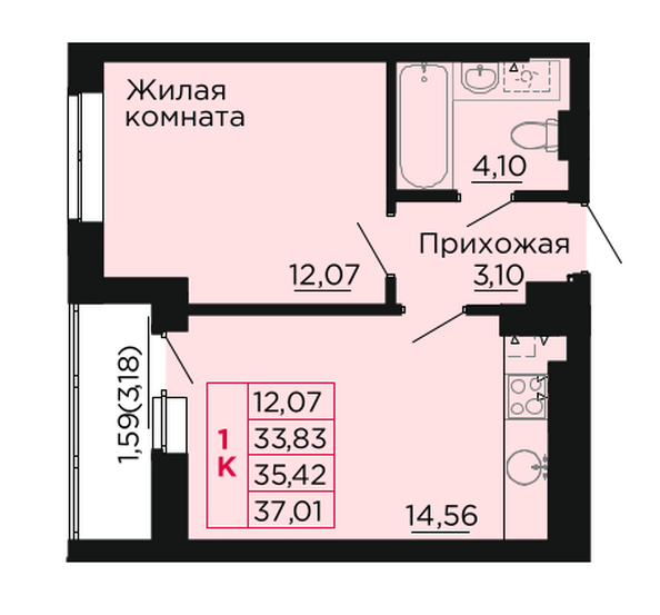 Планировка 1-комн 35,42 м²