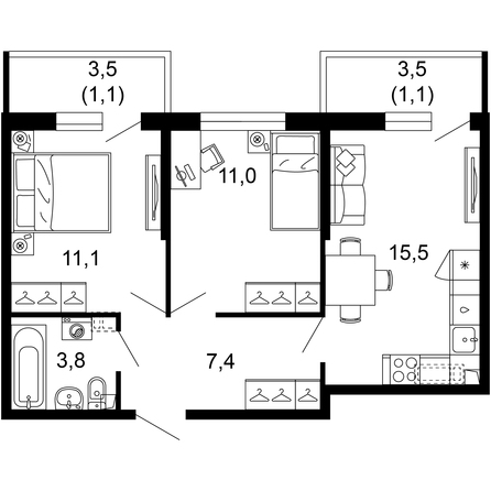 Планировка 2-комн 51 м²