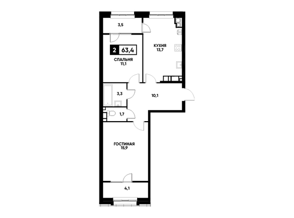 Планировка 2-комн 63,4 - 64,3 м²