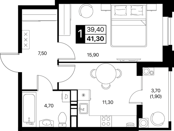 Планировка 1-комн 41,3, 41,8 м²