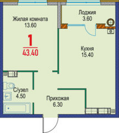 Планировка 1-комн 43,4 м²