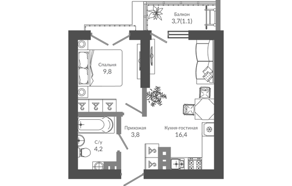 Планировка 1-комн 35,3 м²