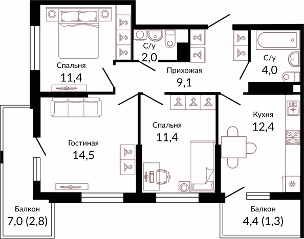 Планировка 3-комн 68,2 м²