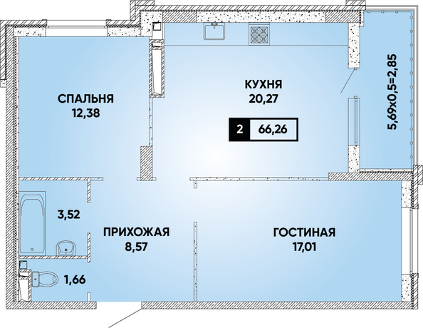 Планировка 2-комн 66,26 м²