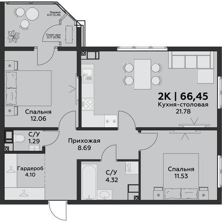 Планировка 2-комн 66,45 м²
