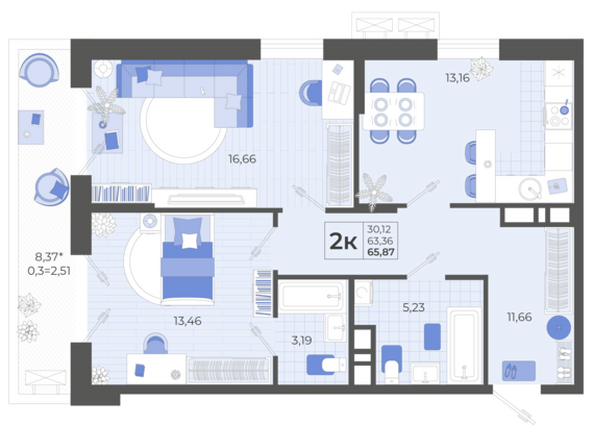 Планировка 2-комн 65,87 м²