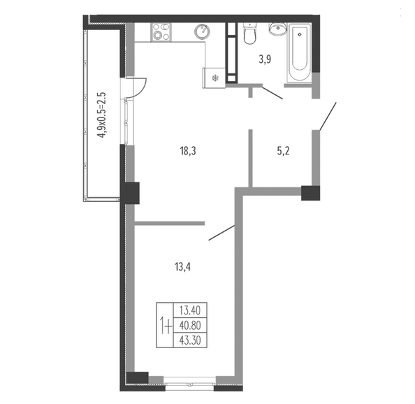 Планировка 1-комн 43,3 м²