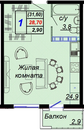 Планировка 1-комн 31,6 м²