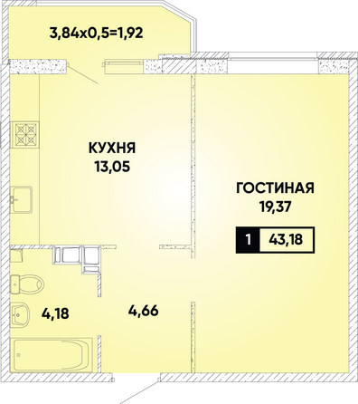 Планировка 1-комн 43,18 м²