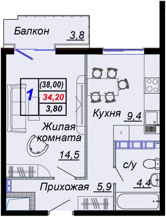 Планировка 1-комн 38 м²
