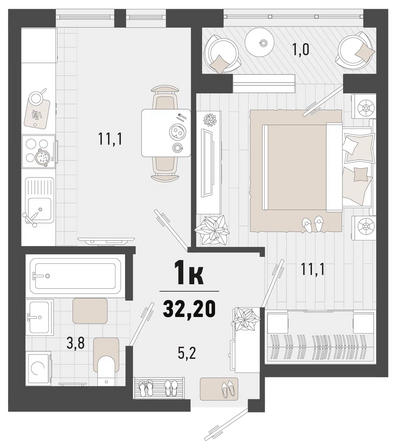 Планировка 1-комн 32,2 м²