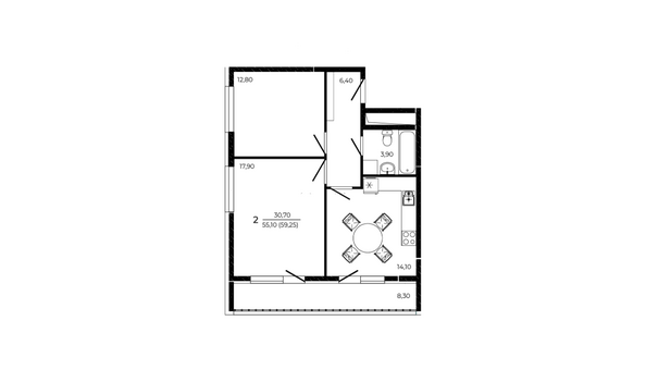 Планировка 2-комн 59,25 м²
