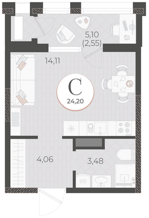 Планировка Студия 24,2 м²