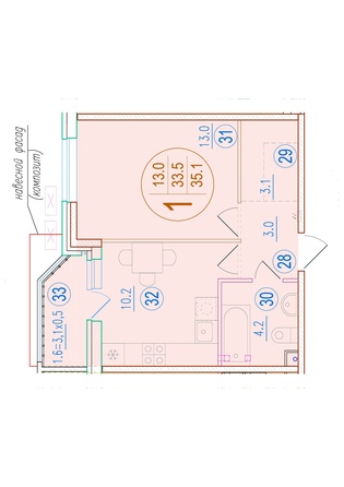Планировка 1-комн 35,1 м²
