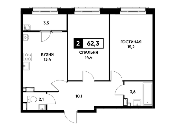 Планировка 2-комн 62,3, 62,5 м²